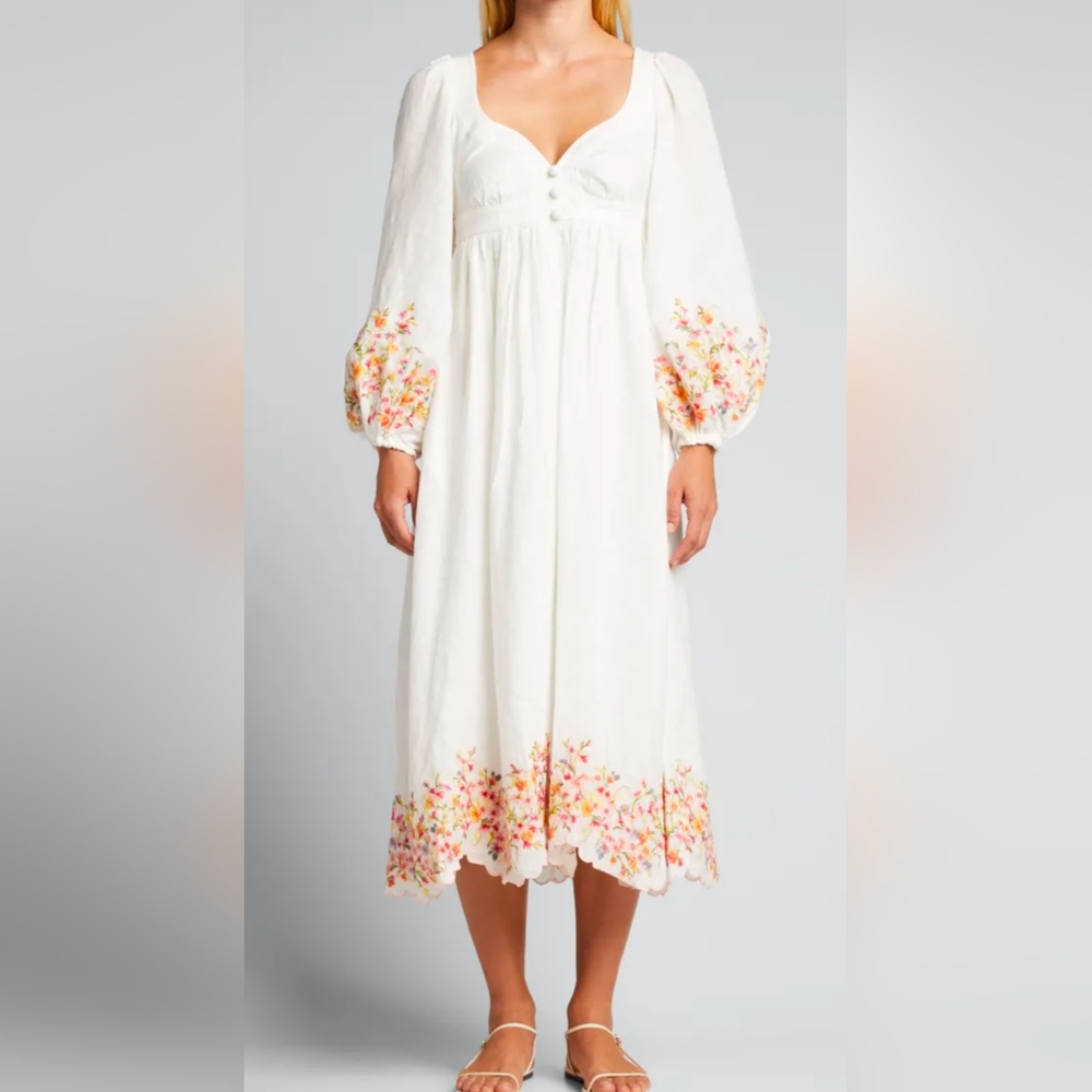 Zimmermann Mae Floral Linen Dress with Embroidery (Size 1)